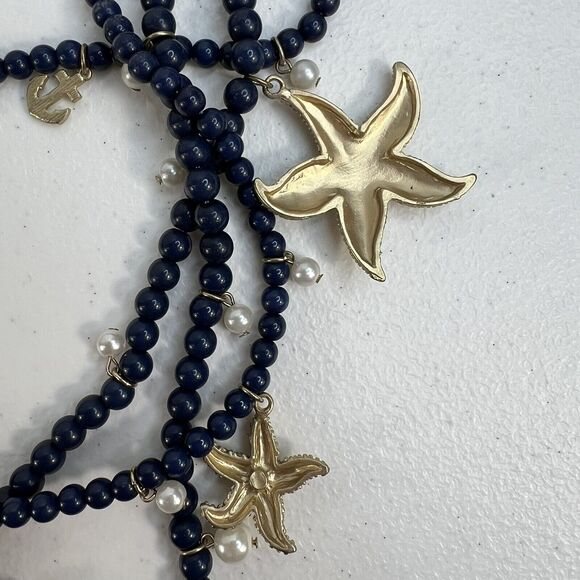 Nautical Themed Multi-Strand Necklace Starfish Anchor Charms Beach Jewelry Blue - Picture 9 of 12